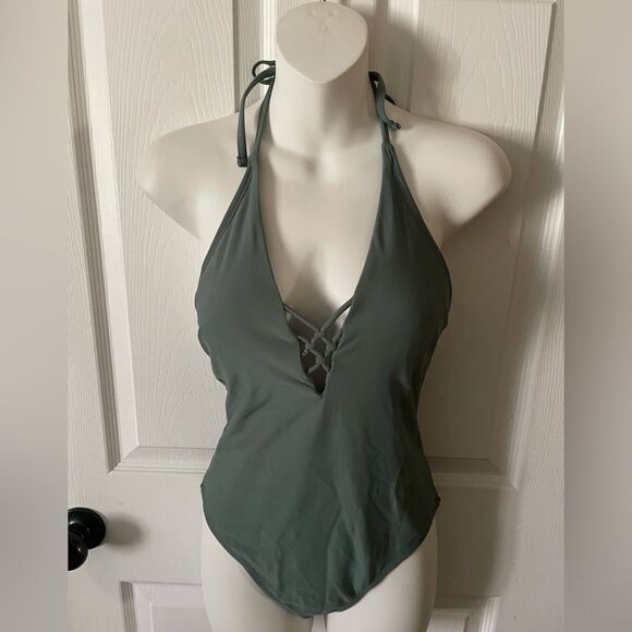 Xhilaration Green One Piece Swimsuit with Halter Neck and Criss-Cross Detail - Picture 1 of 7